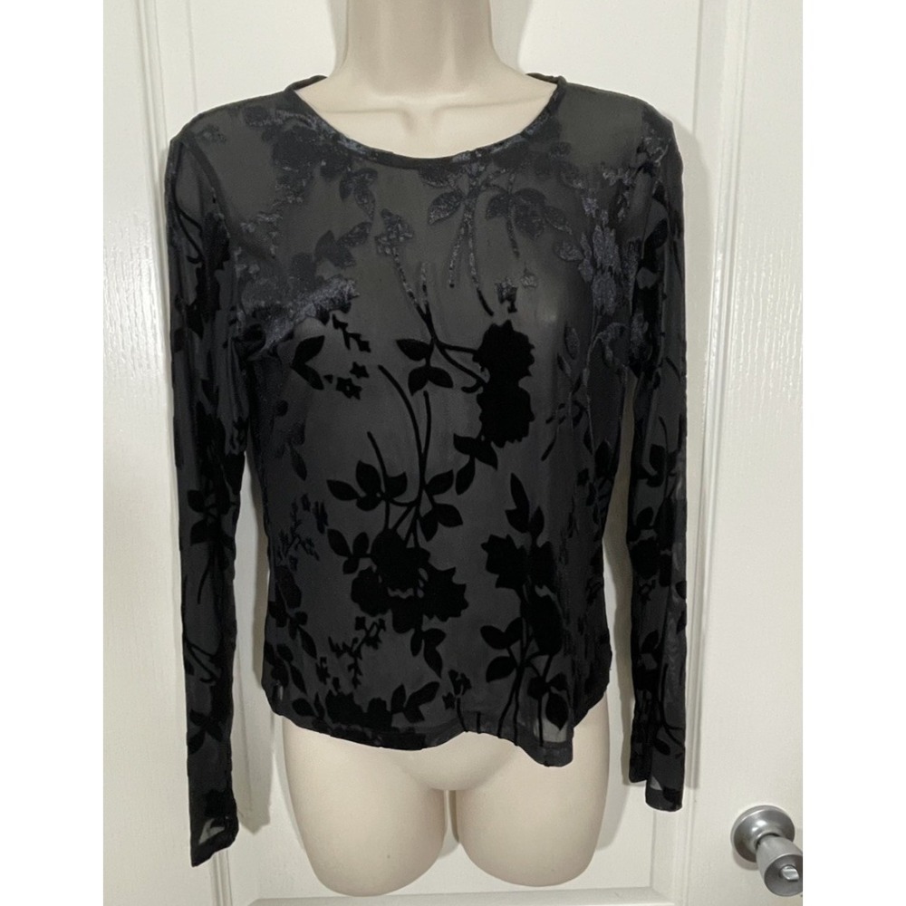 Sheer Black Velvet Burnout Whimsigoth Top Medium Floral Festival Rave Dark Fairy
